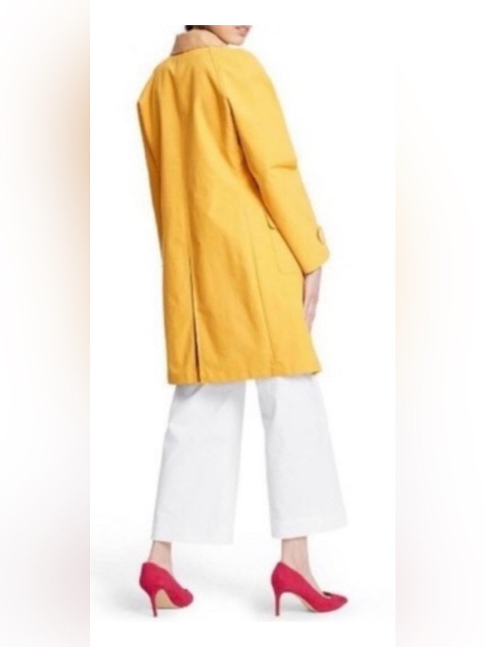 Isaac Mizrahi ~ Trench Coat ~ Bright Yellow ~ Tan Collar ~ Button-Up ~ Sz Med - Picture 7 of 7